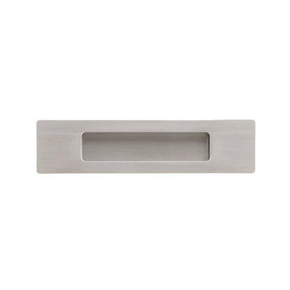 Richelieu 7050 modern recessed metal pull in brushed nickel front view showing recessed opening and flush profile.