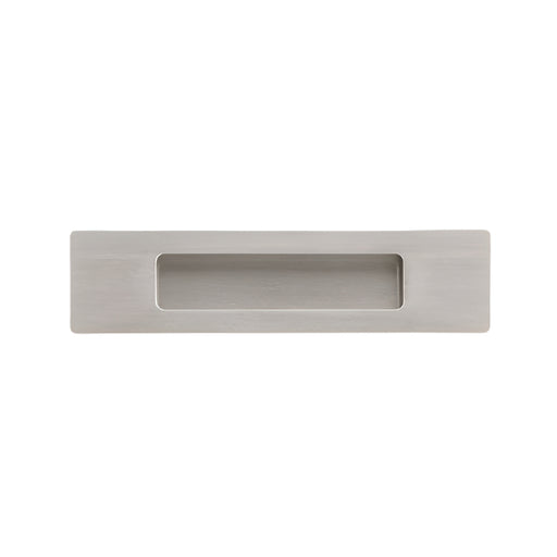Richelieu 7050 modern recessed metal pull in brushed nickel front view showing recessed opening and flush profile.