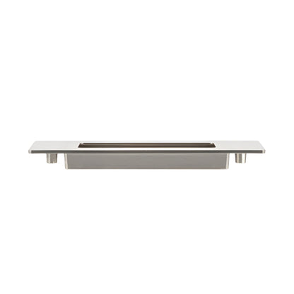 Richelieu 7050 modern recessed metal pull in brushed nickel side view showing recessed opening and slim profile.