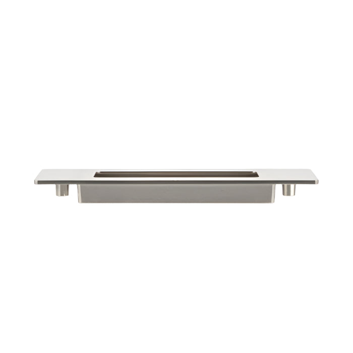 Richelieu 7050 modern recessed metal pull in brushed nickel side view showing recessed opening and slim profile.
