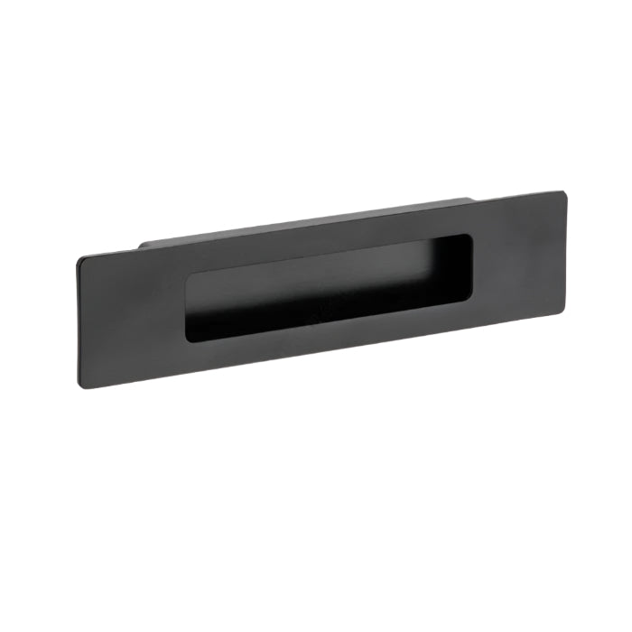 Richelieu 7050 modern recessed metal pull in matte black front view showing recessed opening and flush profile.
