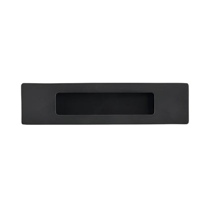 Richelieu 7050 modern recessed metal pull in matte black front view showing recessed opening and flush profile.
