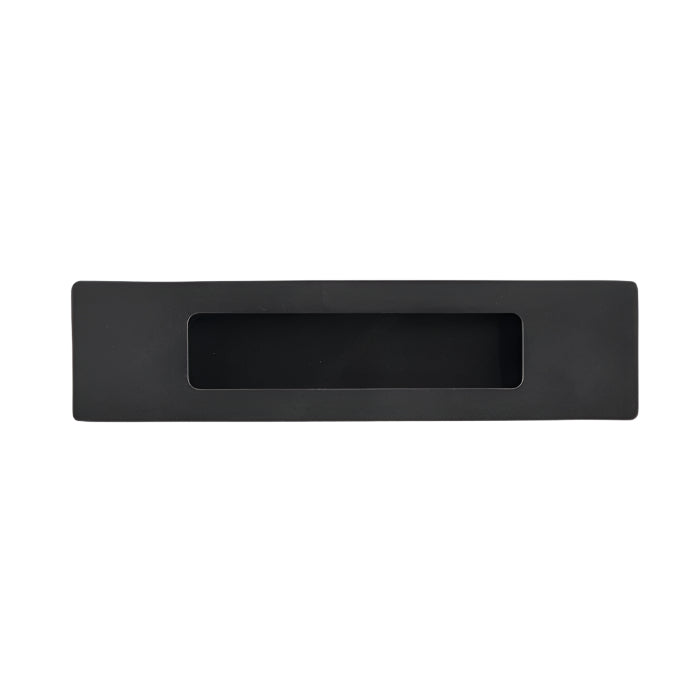 Richelieu 7050 modern recessed metal pull in matte black front view showing recessed opening and flush profile.