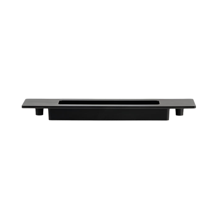 Richelieu 7050 modern recessed metal pull in matte black side view showing recessed opening and slim profile.