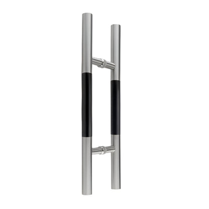 Richelieu 705 ladder pull with black wood insert for glass and wood doors, front view of 24 inch handle in stainless steel.
