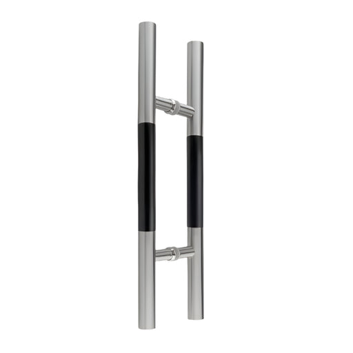 Richelieu 705 ladder pull with black wood insert for glass and wood doors, front view of 24 inch handle in stainless steel.
