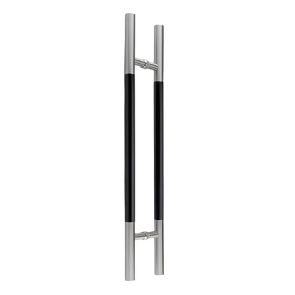 Richelieu 705 ladder pull with black wood insert for glass and wood doors, front view of 36 inch handle in stainless steel.