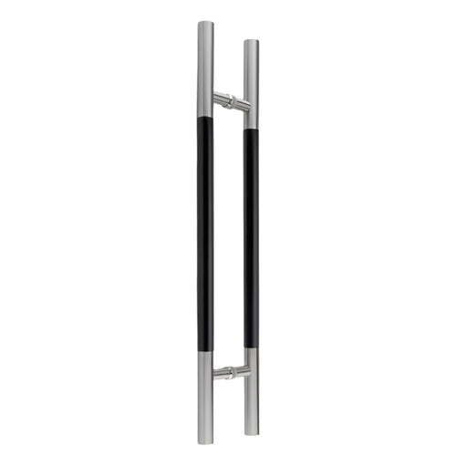Richelieu 705 ladder pull with black wood insert for glass and wood doors, front view of 36 inch handle in stainless steel.