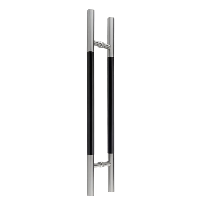 Richelieu 705 ladder pull with black wood insert for glass and wood doors, front view of 48 inch handle in stainless steel.