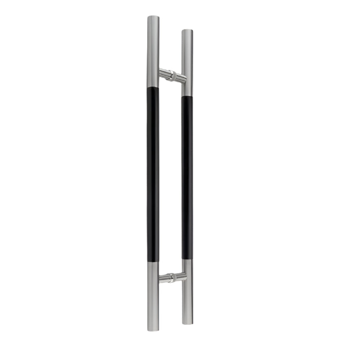 Richelieu 705 ladder pull with black wood insert for glass and wood doors, front view of 48 inch handle in stainless steel.