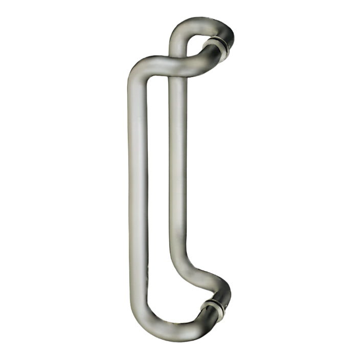 Richelieu 872RO offset round tubular pull in brushed nickel/stainless steel front view showing curved form for glass doors.