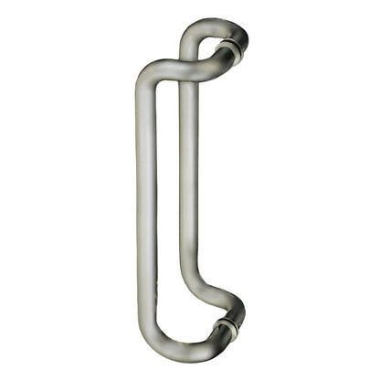 Richelieu 872RO offset round tubular pull in brushed nickel/stainless steel front view showing curved form for glass doors.