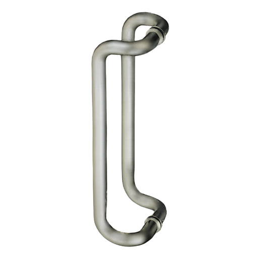 Richelieu 872RO offset round tubular pull in brushed nickel/stainless steel front view showing curved form for glass doors.
