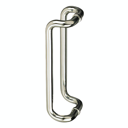 Richelieu 872RO offset round tubular pull in chrome/polished stainless steel front view showing curved form for glass doors.