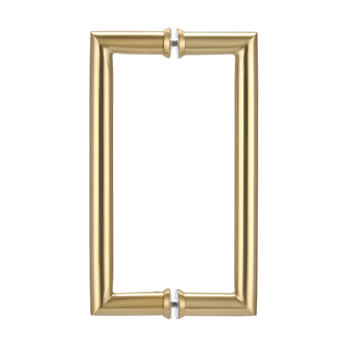 Richelieu 87D2R round tubular pull in satin brass front view showing clean curves and smooth cylindrical profile for glass doors.