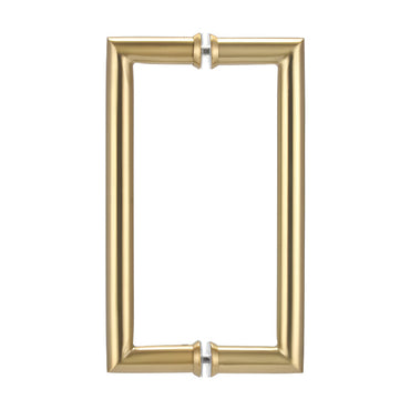 Richelieu 87D2R round tubular pull in satin brass front view showing clean curves and smooth cylindrical profile for glass doors.