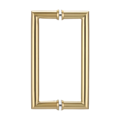 Richelieu 87D2R round tubular pull in satin brass front view showing clean curves and smooth cylindrical profile for glass doors.