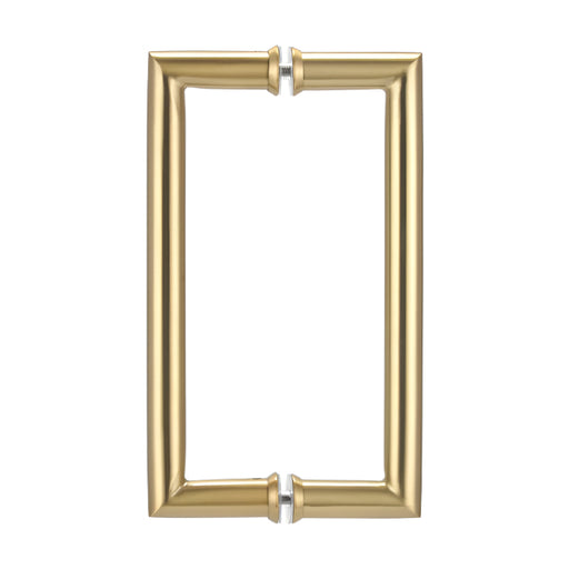 Richelieu 87D2R round tubular pull in satin brass front view showing clean curves and smooth cylindrical profile for glass doors.