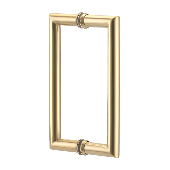 Richelieu 87D2R round tubular pull in satin brass front view showing clean curves and smooth cylindrical profile for glass doors.