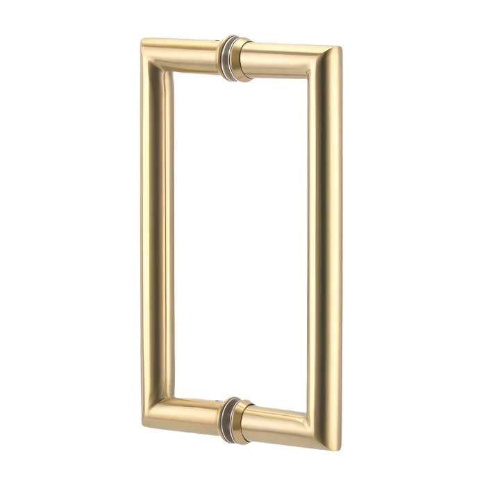 Richelieu 87D2R round tubular pull in satin brass front view showing clean curves and smooth cylindrical profile for glass doors.