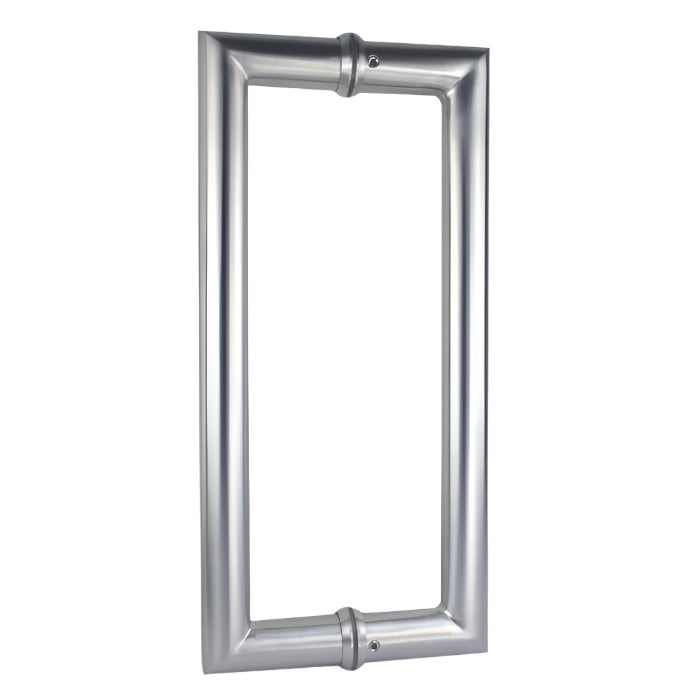Richelieu 87D2R round tubular pull in stainless steel front view showing clean curves and smooth cylindrical profile for glass doors.