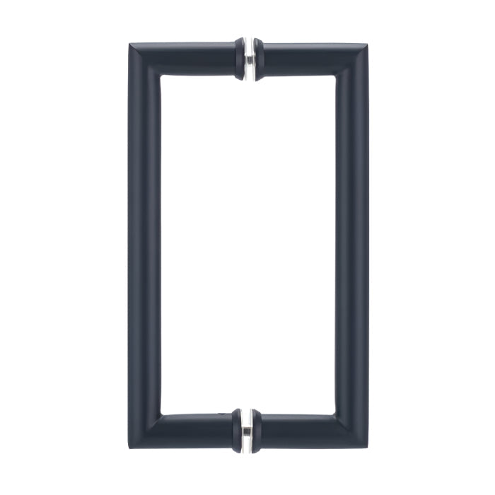 Richelieu 87D2R round tubular pull in matte black front view showing clean curves and smooth cylindrical profile for glass doors.