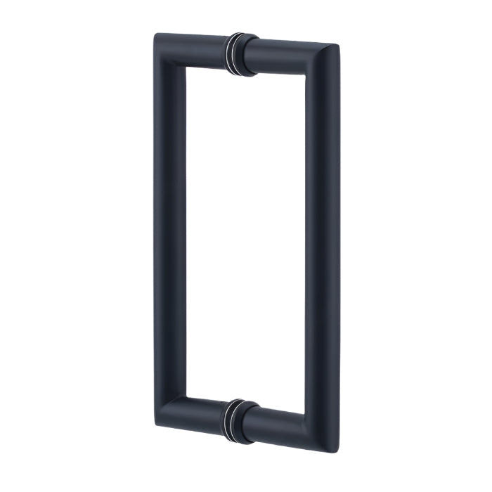 Richelieu 87D2R round tubular pull in matte black front view showing clean curves and smooth cylindrical profile for glass doors.