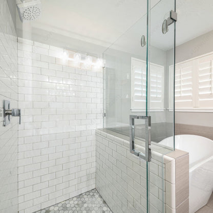 Richelieu 87D2S square tubular pull for glass doors, installed view in stainless steel on clear glass shower door.