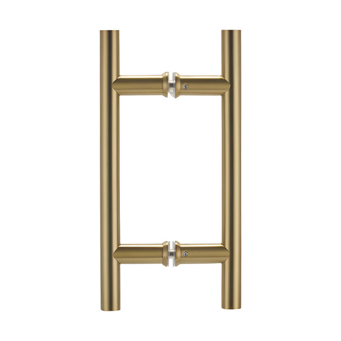 Richelieu 87H2R ladder pull for glass doors, side view in satin brass.