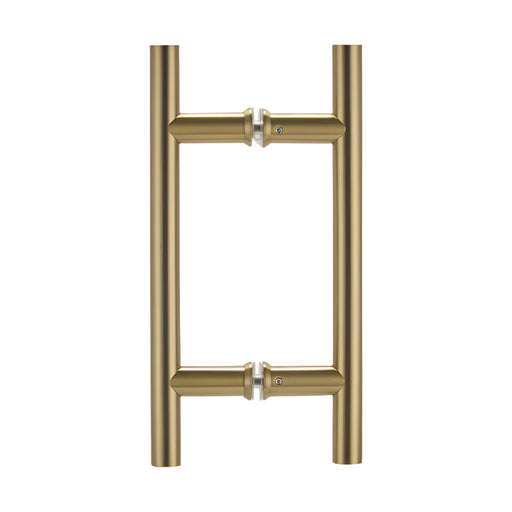 Richelieu 87H2R ladder pull for glass doors, side view in satin brass.