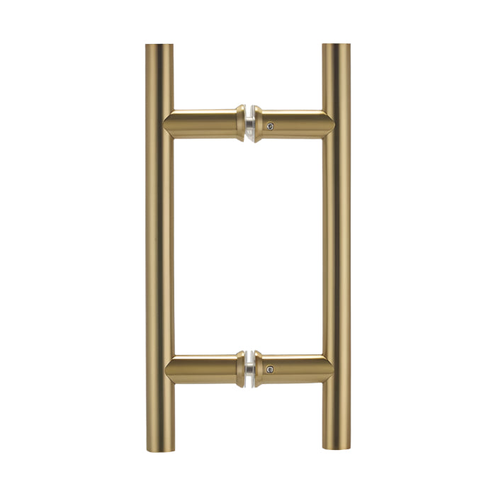 Richelieu 87H2R ladder pull for glass doors, side view in satin brass.
