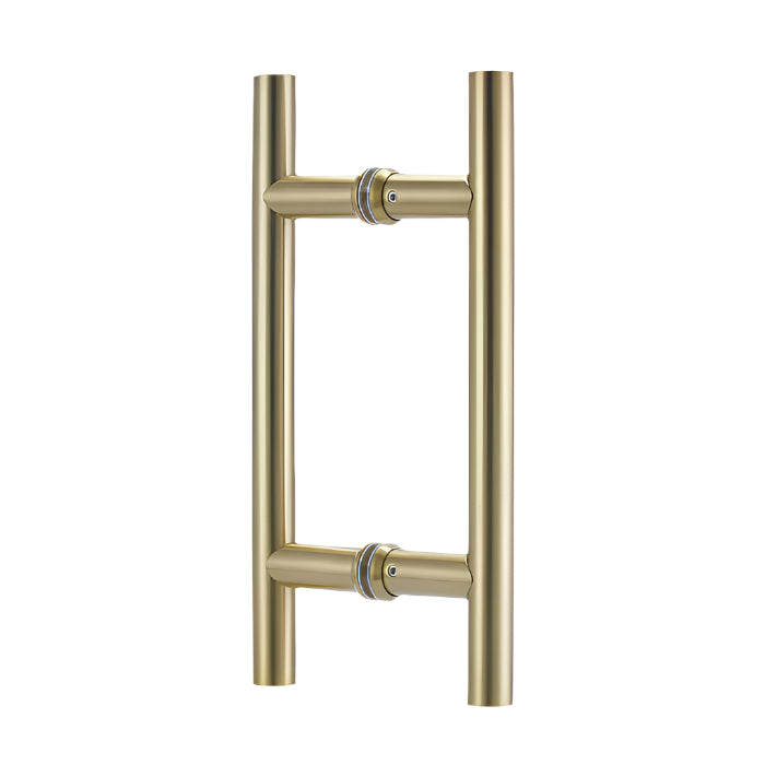 Richelieu 87H2R ladder pull for glass doors, front view in satin brass.