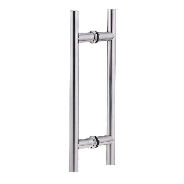 Richelieu 87H2R ladder pull for glass doors, front view in brushed nickel stainless steel.