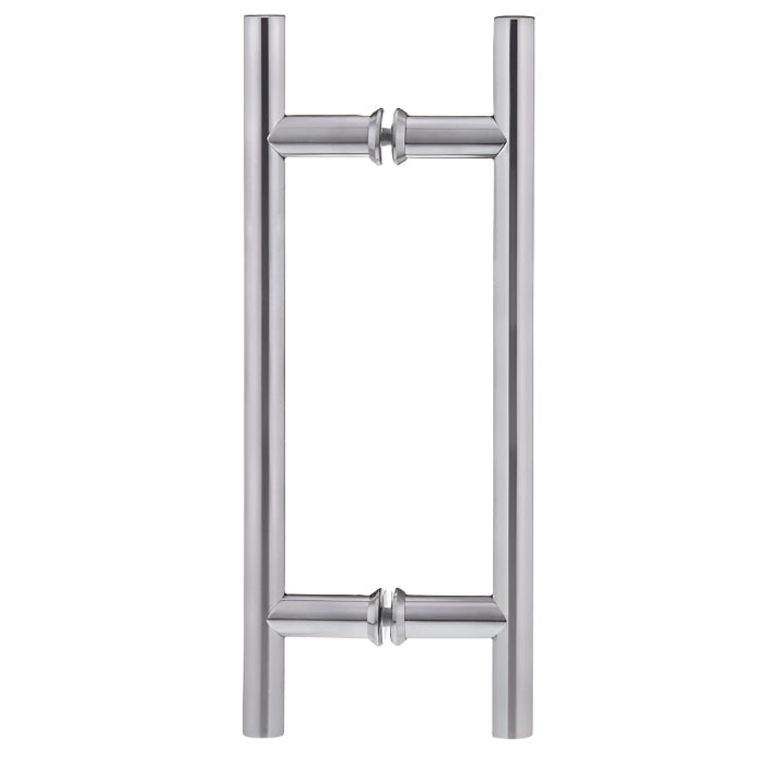 Richelieu 87H2R ladder pull for glass doors, side view in brushed nickel stainless steel.