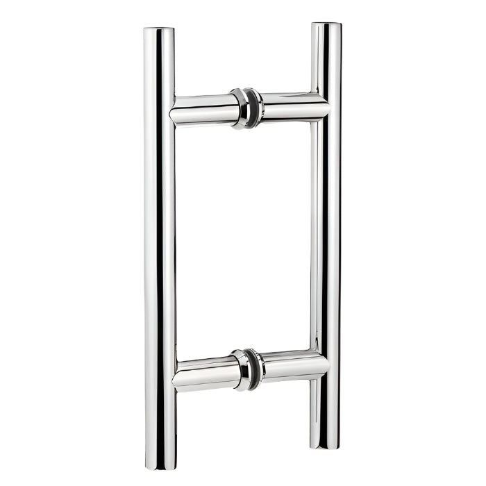 Richelieu 87H2R ladder pull for glass doors, front view in polished stainless steel.