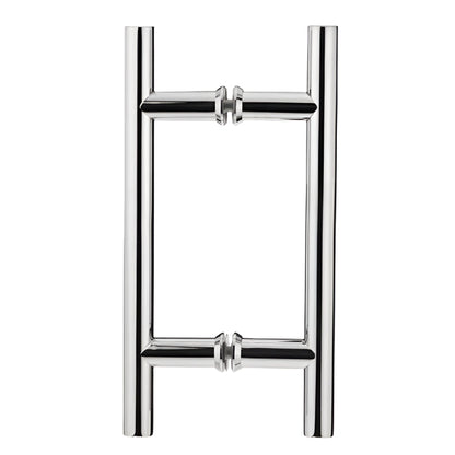 Richelieu 87H2R ladder pull for glass doors, side view in polished stainless steel.
