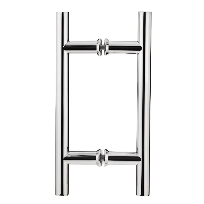 Richelieu 87H2R ladder pull for glass doors, side view in polished stainless steel.