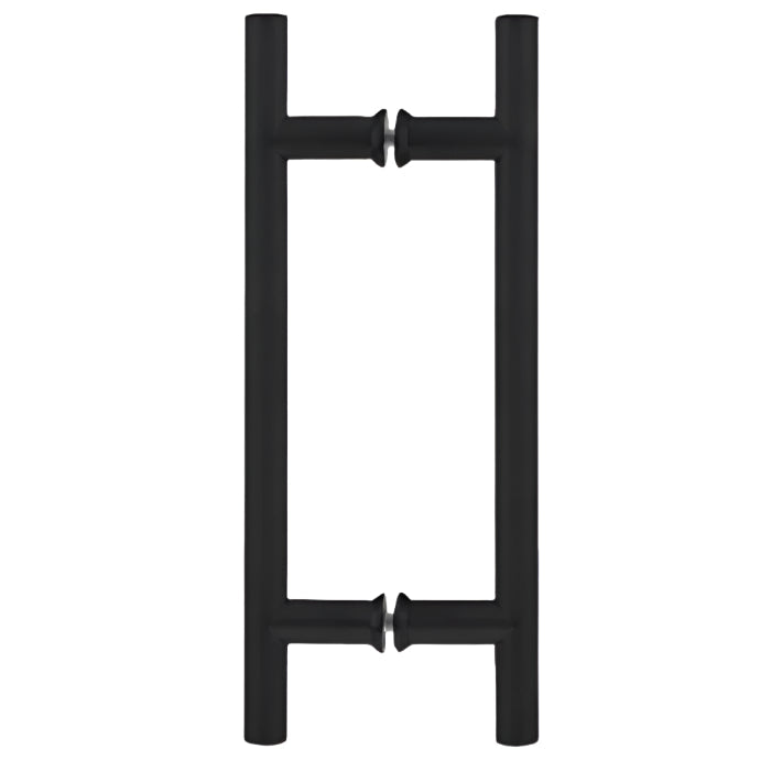 Richelieu 87H2R ladder pull for glass doors, side view in matte black.