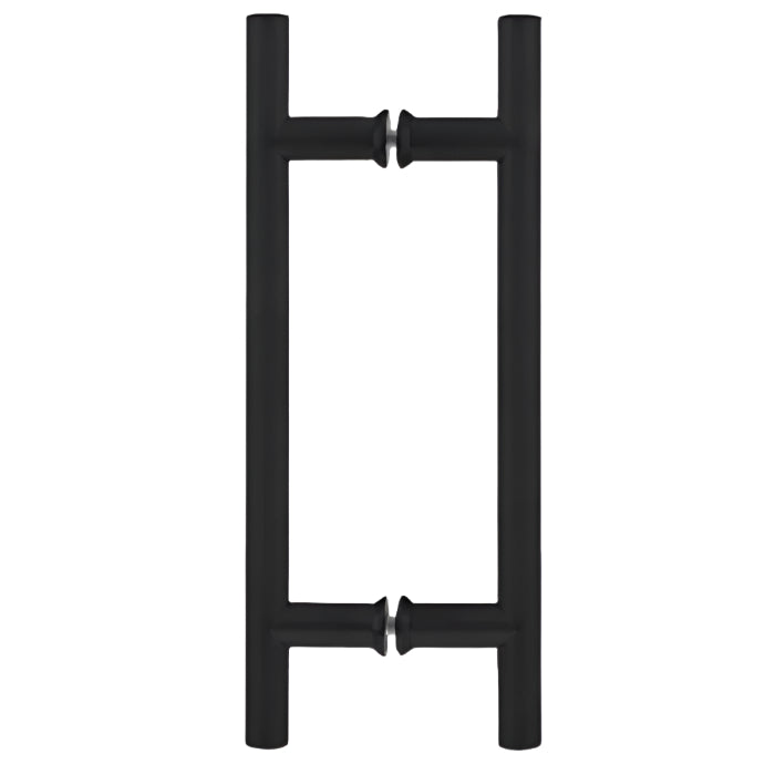 Richelieu 87H2R ladder pull for glass doors, side view in matte black.