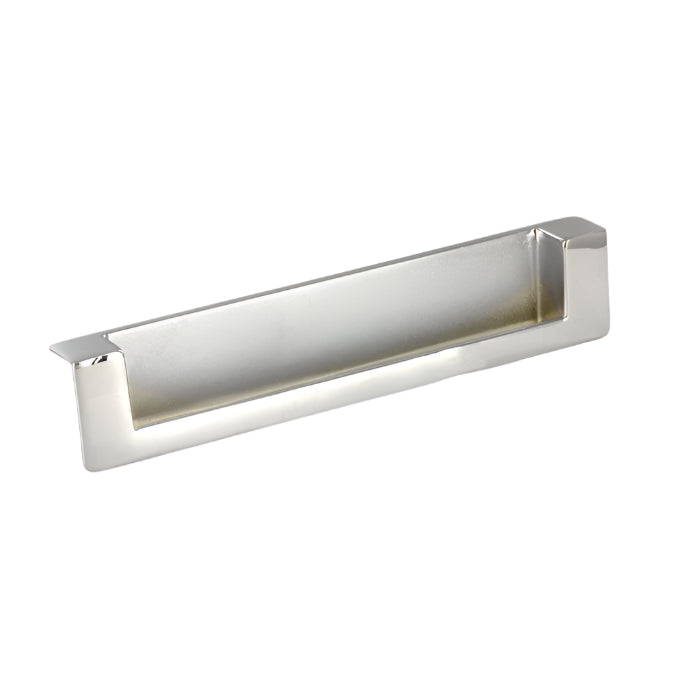 Richelieu 8971 recessed metal pull in chrome front view showing flush profile and recessed opening.