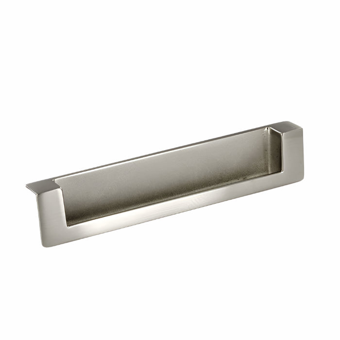 Richelieu 8971 modern recessed metal pull in brushed nickel front view showing flush profile and recessed opening.