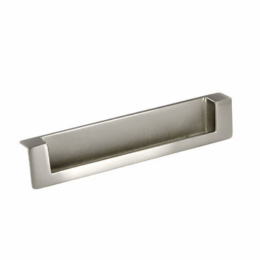 Richelieu 8971 modern recessed metal pull in brushed nickel front view showing flush profile and recessed opening.