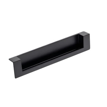 Richelieu 8971 recessed metal pull in matte black front view showing flush profile and recessed opening.