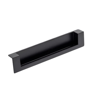Richelieu 8971 recessed metal pull in matte black front view showing flush profile and recessed opening.