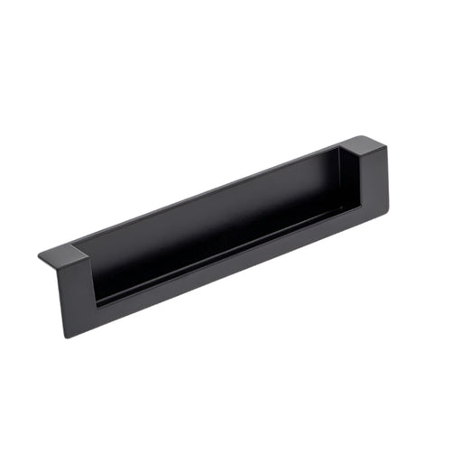 Richelieu 8971 recessed metal pull in matte black front view showing flush profile and recessed opening.
