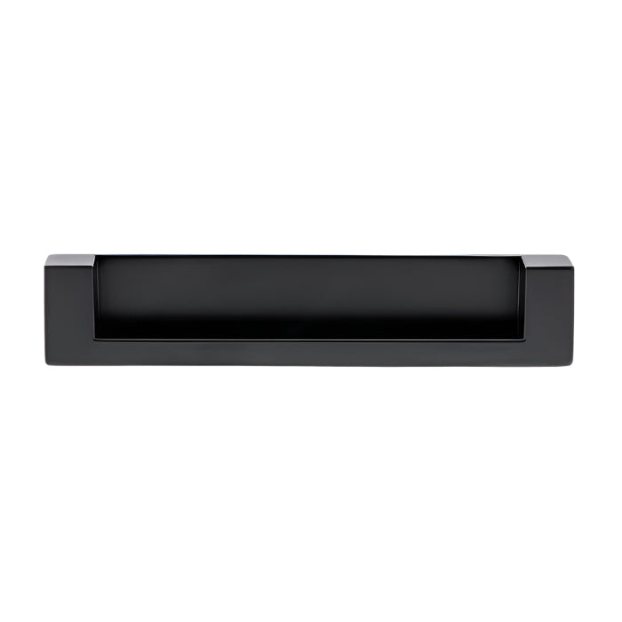 Richelieu 8971 recessed metal pull in matte black front view showing flush profile and recessed opening.