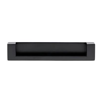 Richelieu 8971 recessed metal pull in matte black front view showing flush profile and recessed opening.