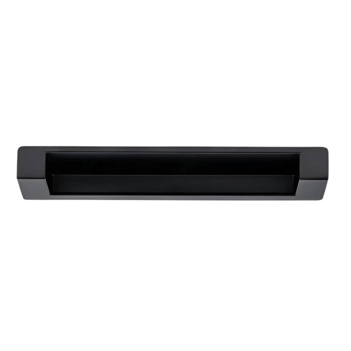 Richelieu 8971 recessed metal pull in matte black top view showing flush profile and recessed opening.