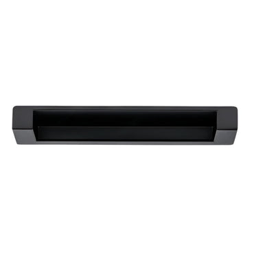 Richelieu 8971 recessed metal pull in matte black top view showing flush profile and recessed opening.