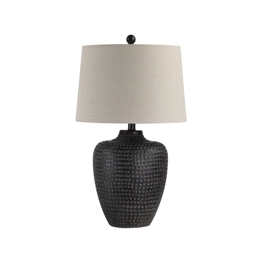 Console table lamp with textured black base and beige lampshade on a white background